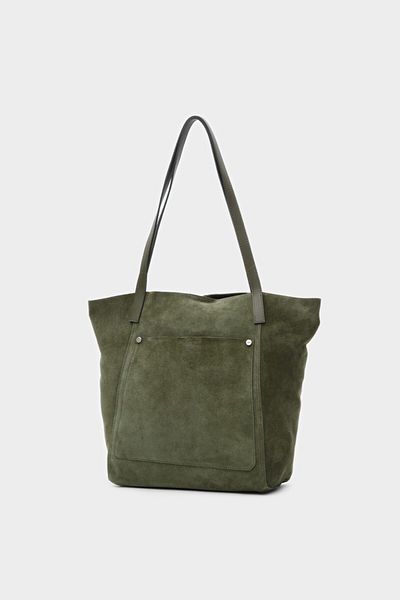 LEONAS Premium Front Pocket Genuine Leather Suede Shopper Hand and Shoulder Bag Michelle Khaki