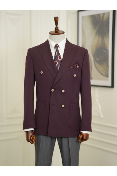 LONATOLİA Men's Italian Style Slim Fit Double Breasted Jacket - Punto Stitching, Bag Pocket, Half Lined - Purple