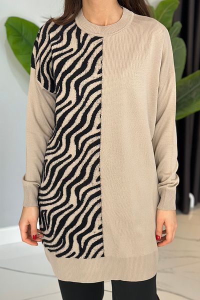 REMSA Beige Zebra Patterned Knitwear Tunic 35022 - Feather Detail