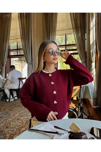 HARMONY GLOBAL Cardigan tricotat Roșu Claret Thessaloniki - Inimă și nasturi, Model 4171