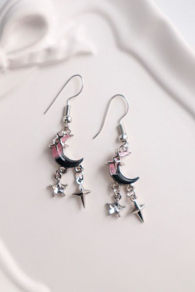 EFBUTİK Pink Black Star Dangle Moon Imported Earrings
