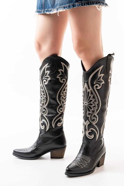 Ms Sugar Cizme lungi de damă Western Cowboy din piele artificială neagră cu broderie albă