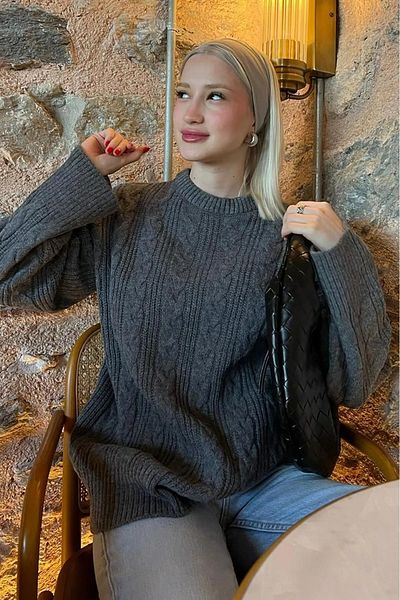 Puella Women's Oversize Soft Anthracite Hair Braided Knitwear Sweater