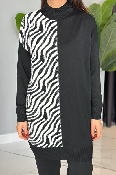 REMSA Black Zebra Knitwear Tunic 35022 - Feather Detailed