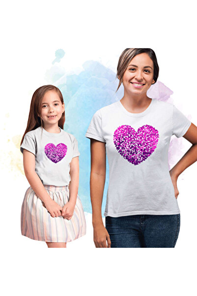 BB T SHIRTS Combinație de tricou pentru mamă și fiică, bumbac imprimat cu inimă roz 1 Tricou de calitate