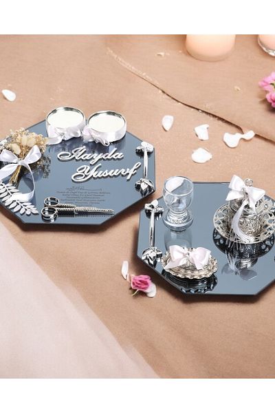 CyzHome Affinity Octagonal - Silver Engagement and Groom Cup Tray White
