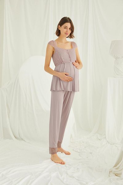 MONAMİSE Mink Lace, Buttoned Maternity Pajamas Set