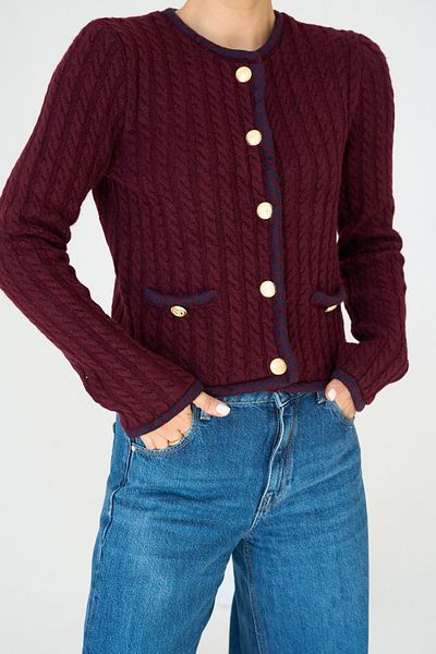 motina Women's Burgundy Crew Neck Stripe Detailed Hair Knit Jacket Cardigan