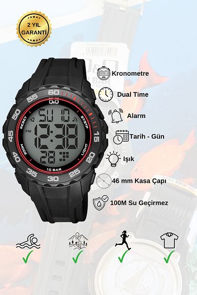 Q&Q Silicone Band Men's Wrist Watch with Digital Stopwatch Calendar