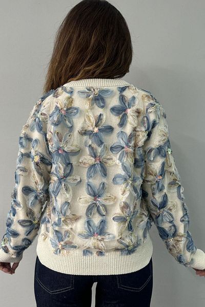 MELEK KOSTAK Women's Ecru Blue Daisy Organza Tulle Floral Pattern Tulle and Sequin Sewing Design Knitwear Sweater