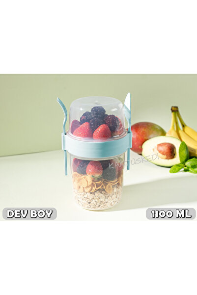 KaktüsKedi Dev Boy Kaşıklı Çatallı Ara Öğün Bardağı - Yemek Saklama Kabı 1100 ml Turkuaz