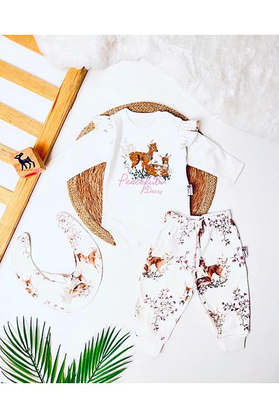 TRENDİMİZBİR Baby Girl Bibed Peaceful Deers Printed White Bottom Top Set