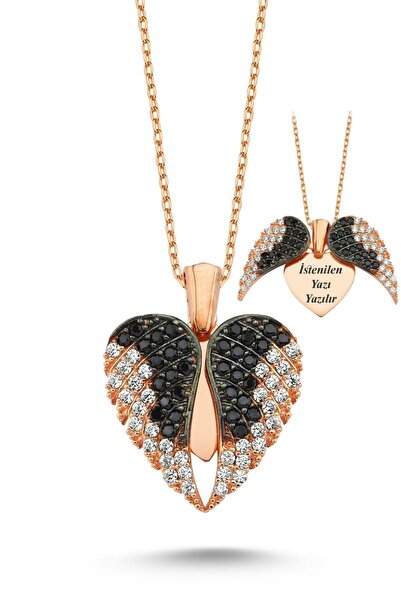 Takı Dükkanı Siyah Beyaz Taşlı Isimli Aşkın Kanatları Gümüş Kalpli Kolye Wsn1...