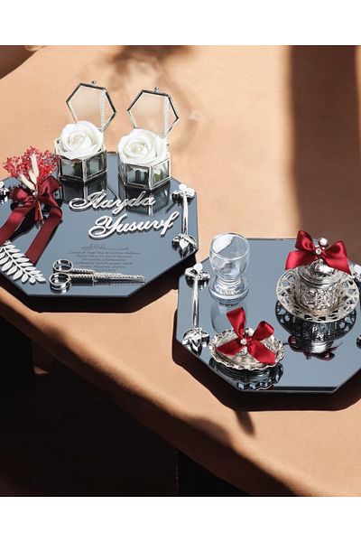 CyzHome Δίσκος αρραβώνων Affinity Octagon Silver Promise και Δίσκος για φλιτζάνι καφέ γαμπρού