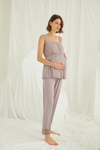 MONAMİSE Mink Lace, Buttoned Maternity Pajamas Set