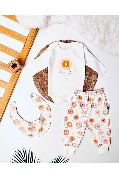 TRENDİMİZBİR Baby Boy Bib Be Wild Lion Printed White Bottom Top Set