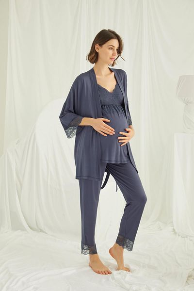 MONAMİSE Navy Blue Maternity 3-Piece Breastfeeding Sleepwear Set