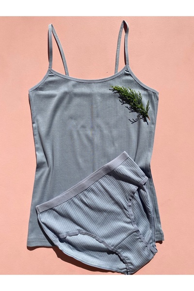 LEYNA BUTİK 4 Pieces Corded Cotton Lycra Women's Undershirt and Panty Set - Green, Pink, Blue