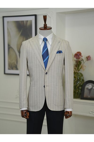 LONATOLİA Premium Men's Slim Fit Italian Style Bag Pocket Punto Stitching Unlined Striped Jacket-Cream