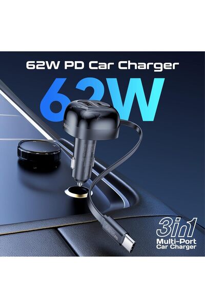 Promate PowerDrive-RC65 62W Multi-Port Retractable USB-C Car Charger