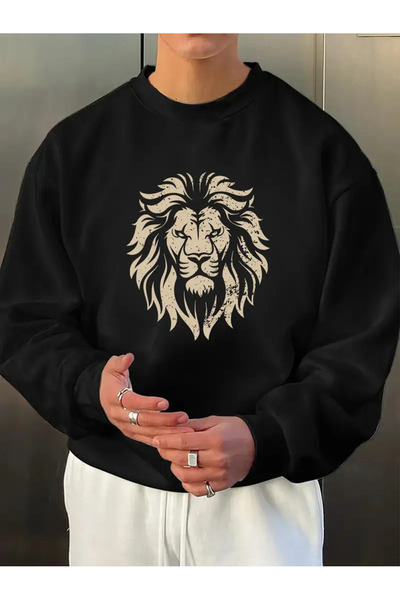 Frisson Ανδρικό άνετο αθλητικό φούτερ με σχέδιο λιονταριού - Μακρυμάνικο έως 7XL