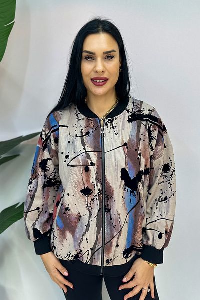 GÖKSEL Beige Large Size Printed Zippered Sweatshirt