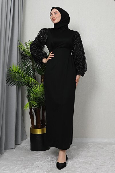 GİZ AGİYİM Μαύρο φόρεμα κρεπ - Τούλι στο μανίκι