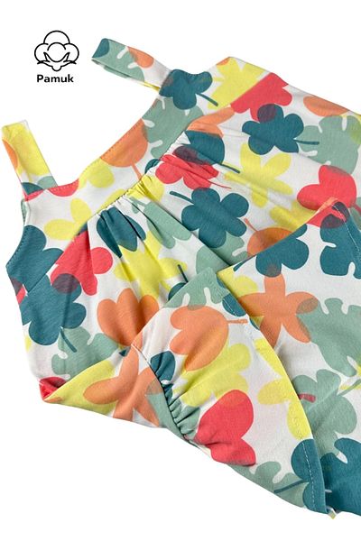 difa kids Rochie de vară pentru fetiță, din bumbac, confortabilă, colorată, cu model de frunze, cu bretele cu volane