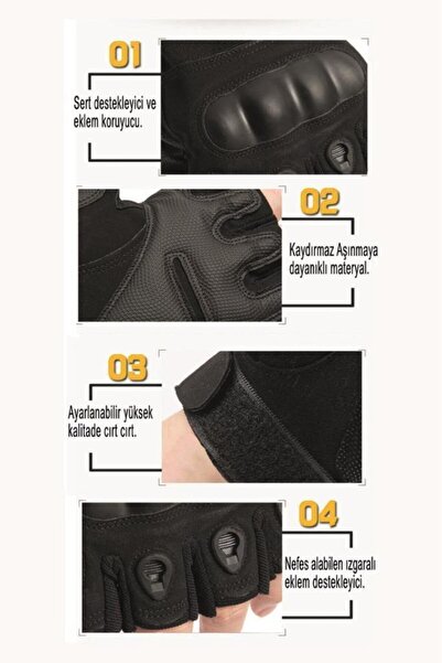 Mini Askeri Malzeme ve Tactical M Taktik Eldiven Kesik Parmak Korumalı Siyah