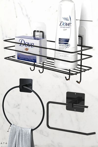 ATACI Set de 3 inoxidabil - Organizator adeziv pentru baie, suport pentru șampon pentru cabină de duș, suport pentru cârlig pentru hârtie igienică și suport pentru prosoape