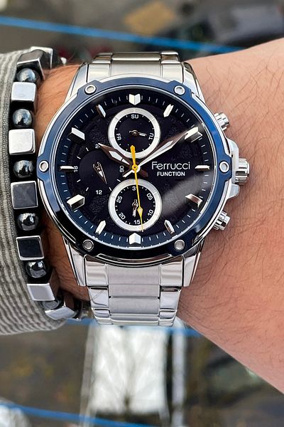 Ferrucci Multifunction Waterproof Chronometer Steel Case Steel Cord Men's Wristwatch