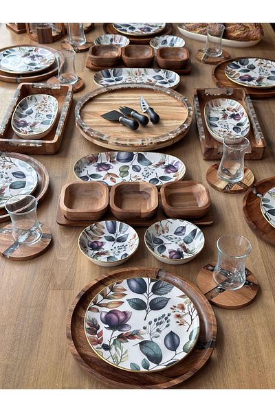 ROSSEV 6-Person Acacia Umay Breakfast Set - 54 Pieces