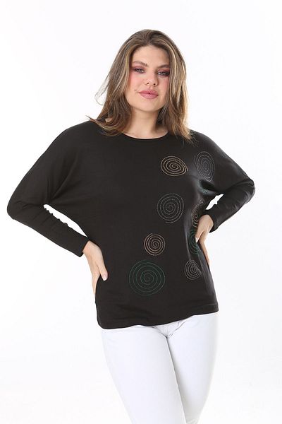 Şans Women's Plus Size Black Stone Detailed Bat Sleeve Blouse 65N37805