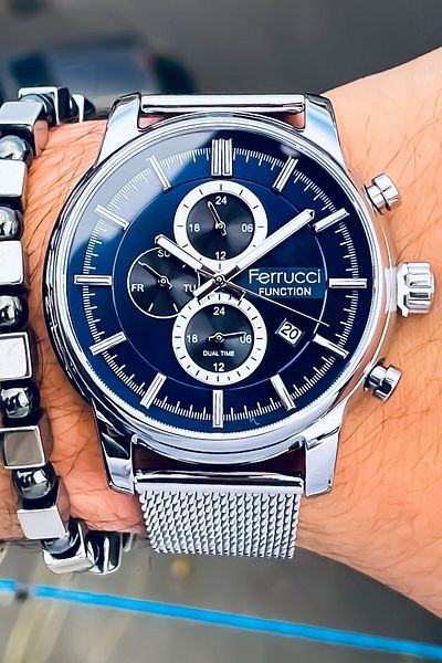 Ferrucci Multifunction Waterproof Chronometer Steel Case Steel Cord Men's Wristwatch
