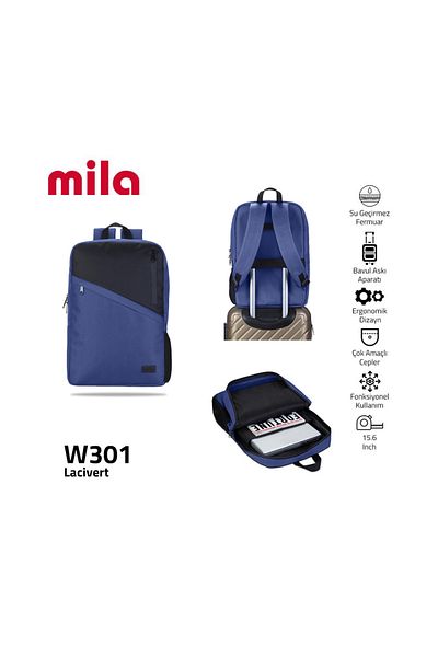 Mila Classone 15.60 بوصة W301- سلسلة HP، ASUS، Monster، Macbook، Mac Air متوافق، كمبيوتر محمول، حقيبة ظهر - أزرق داكن