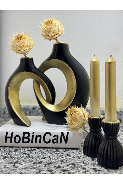 BLANJ siyah altın sarmaşık sevgili vazo, şamdan mumluklu set 22x16&17x14