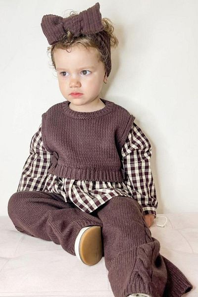 Minigimin Cicileri طقم قميص منقوش للفتيات الصغيرات - بني