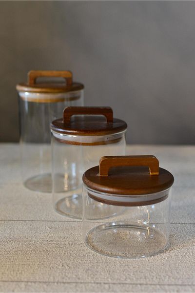 şirin eşyalarım Set of 3 Round Glass Jars with Acasia Lid