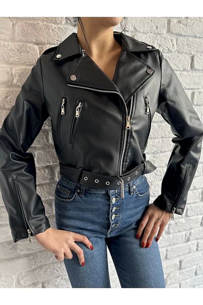 moneta boutique Women's Black Short Lined Biker Leather Coat with Belt on the Waist