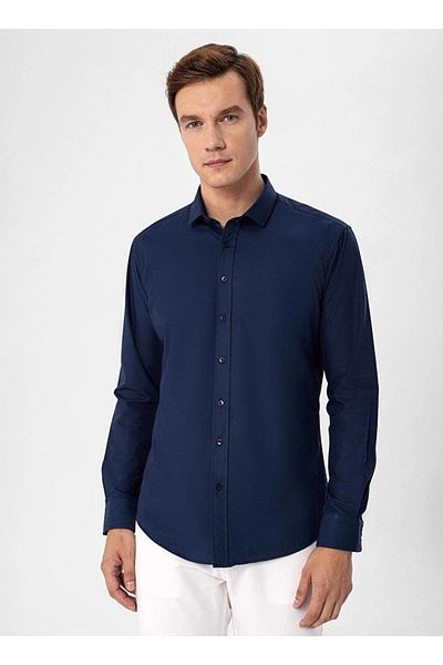SÜVARİ Πουκάμισο Cavalry Slim Fit Easy Ironing από βαμβακερό απλό μπλε ναυτικό