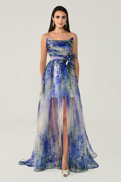ALFABETA Self Floral Patterned Strappy Tulle Evening Dress