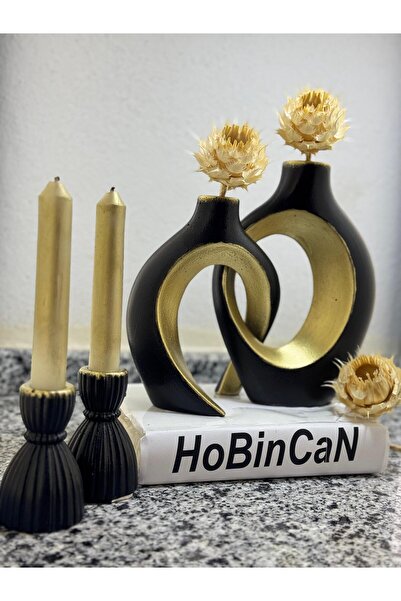 BLANJ siyah altın sarmaşık sevgili vazo, şamdan mumluklu set 22x16&17x14