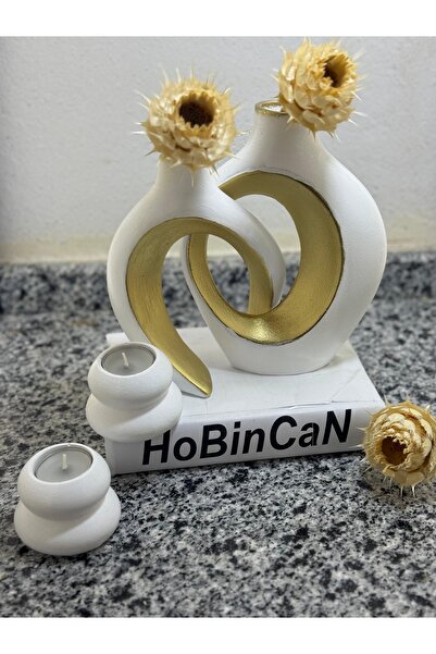 BLANJ Beyaz -altın sarmaşık sevgili vazo, şamdan mumluklu set 22x16&17x14