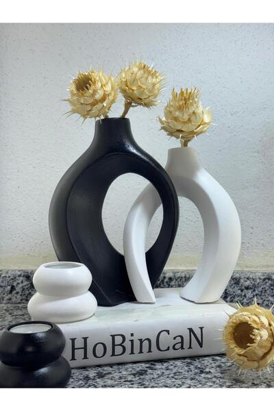 BLANJ siyah - Beyaz sarmaşık sevgili vazo, şamdan mumluklu set 22x16&17x14