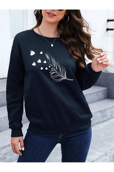 PALPİTO Women's Navy Blue Feather Heart Printed Crew Neck Oversize Sweatshirt