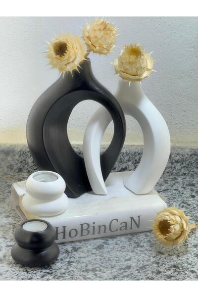 BLANJ siyah - Beyaz sarmaşık sevgili vazo, şamdan mumluklu set 22x16&17x14