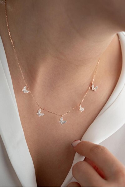 ESSARE 925 Ayar Gümüş Rose Kaplama Zirkon Taşlı Şans Kelebek Kolye