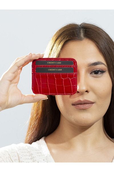 The Noir Leather Milano Croco Leather Red Women's Card Holder Wallet