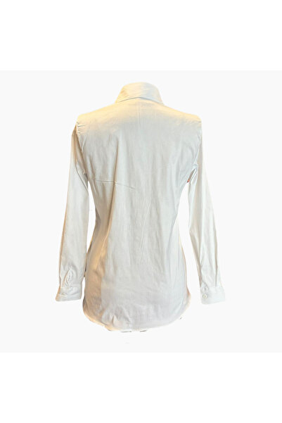 Moda Monisa Λευκό ασημί γυαλιστερό λεπτό ριγέ γυναικείο πουκάμισο |   Ελαστικό υφαντό ύφασμα |   Κομψό και μοντέρνο σχέδιο