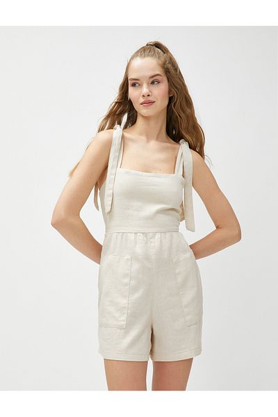 Koton Shorts Overalls Linen Blend Square Collar Strap Pocket